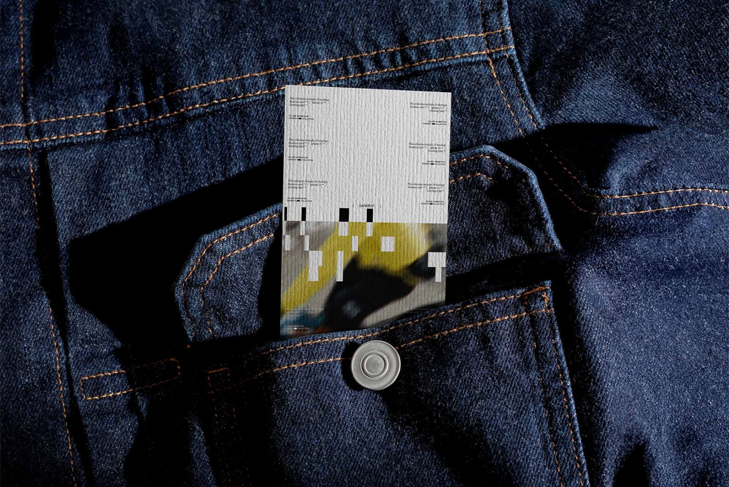 Clothing label mockup in denim jacket front pocket with metal button