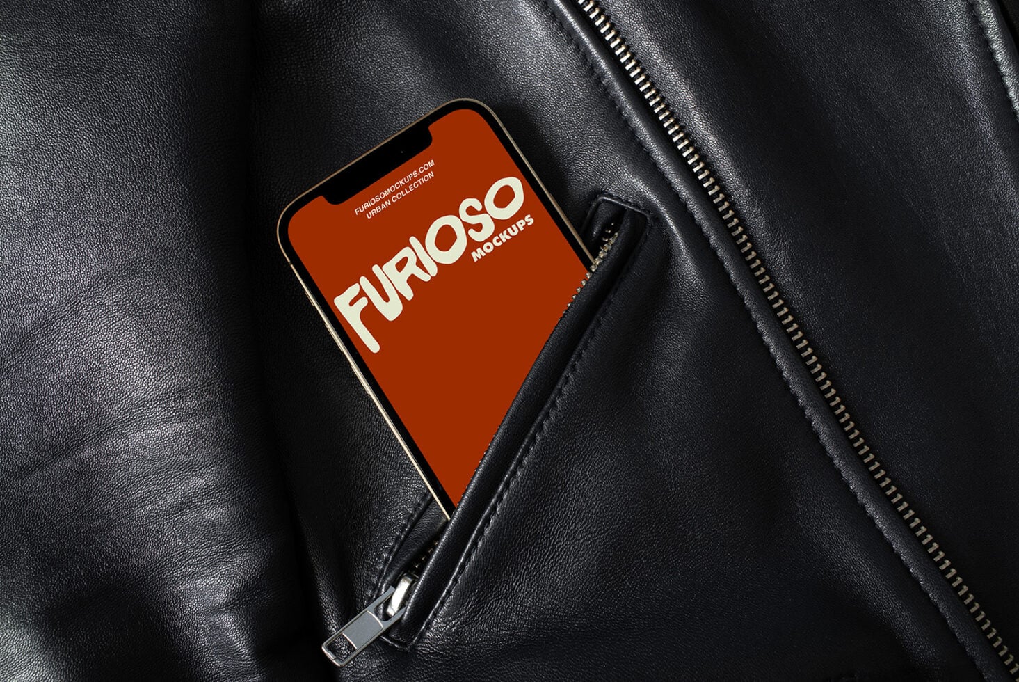 iPhone mockup on black leather jacket with rust orange screen
