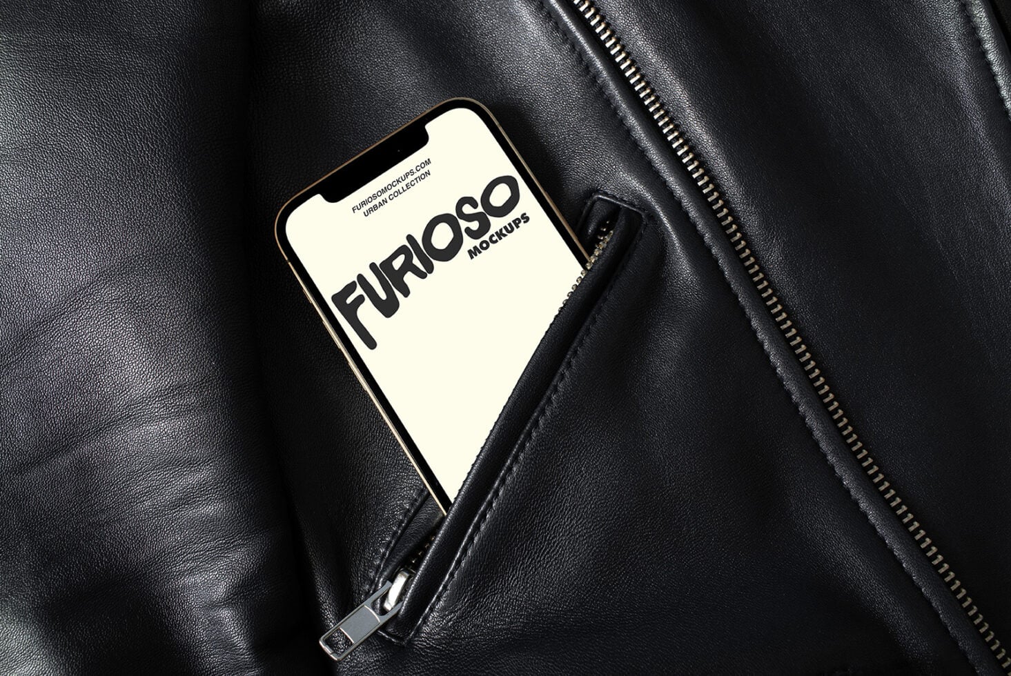 iPhone mockup on black leather jacket with cream screen display