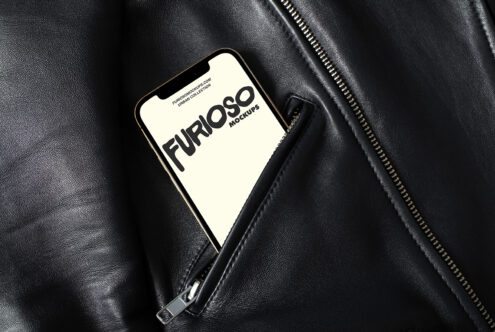 iPhone mockup on black leather jacket with cream screen display