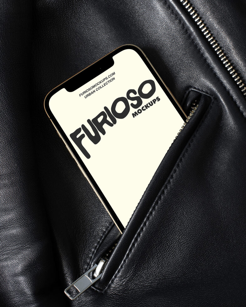 iPhone mockup on black leather jacket with cream screen