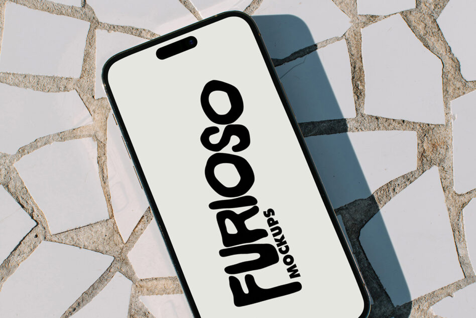 iPhone with white screen displaying Furioso Mockups black text vertically