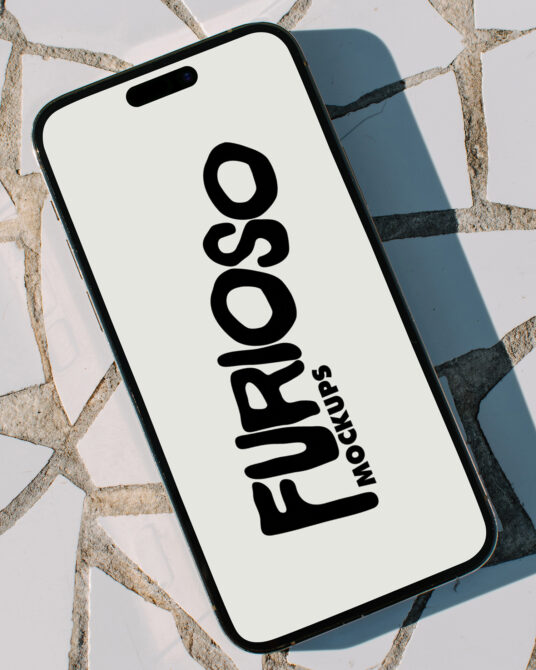 White iPhone mockup with black Furioso logo on tile background