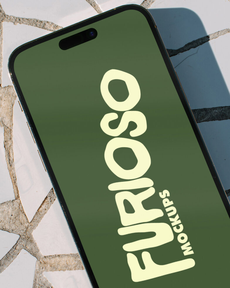 Black iPhone mockup with green Furioso display on tiles