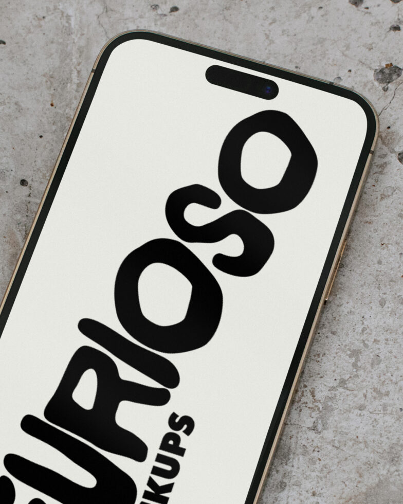 Phone screen mockup showing black vertical Furioso text on white background