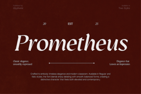 Prometheus serif typeface specimen showing elegant italic lettering in cream