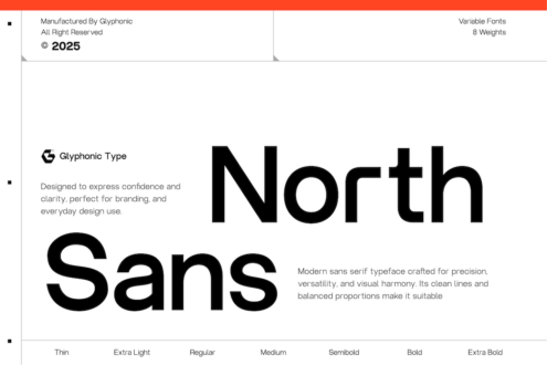 North Sans font specimen showing bold letterforms with weight scale at bottom