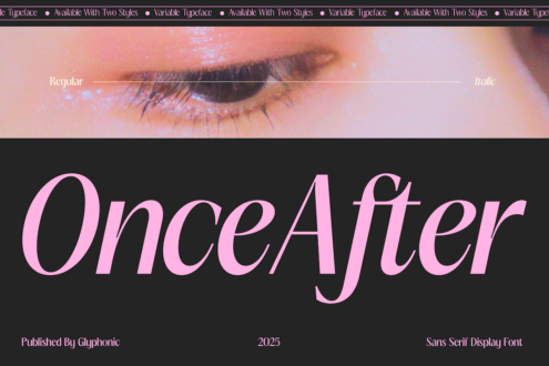 Eye closeup banner with pink italic display typeface named OnceAfter below