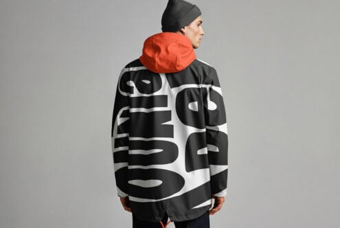 Windbreaker jacket mockup with bold geometric graphic print back