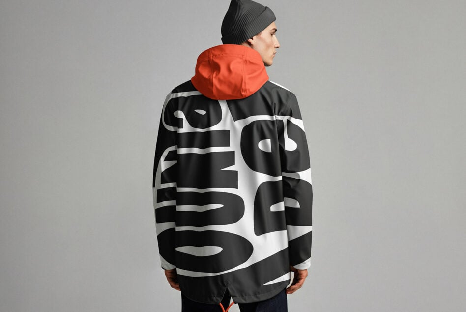 Windbreaker jacket mockup with bold geometric graphic print back