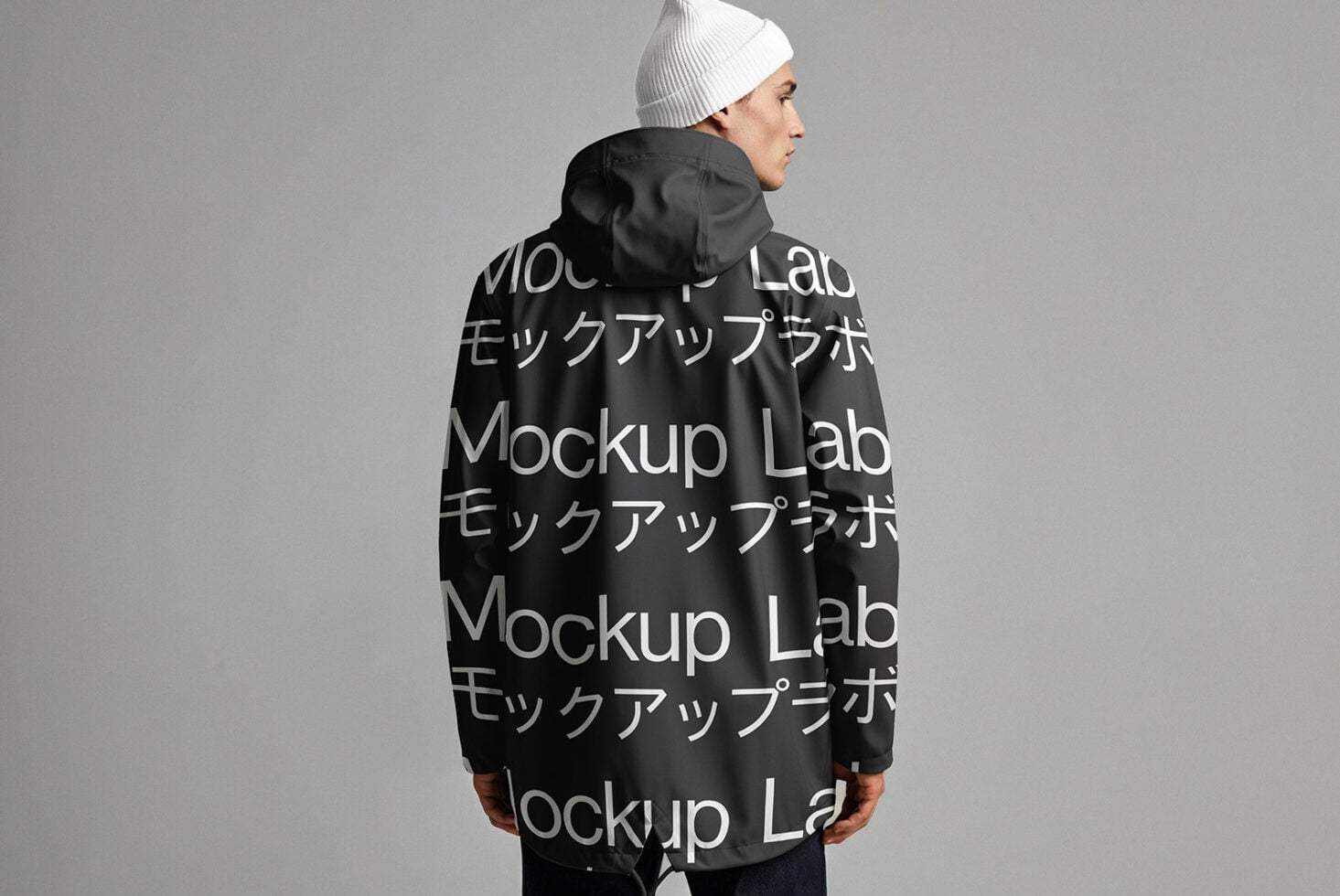 Hooded jacket back view mockup with large all-over text design