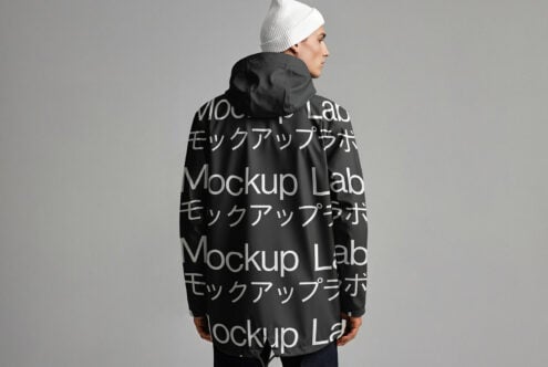 Hooded jacket back view mockup with large all-over text design