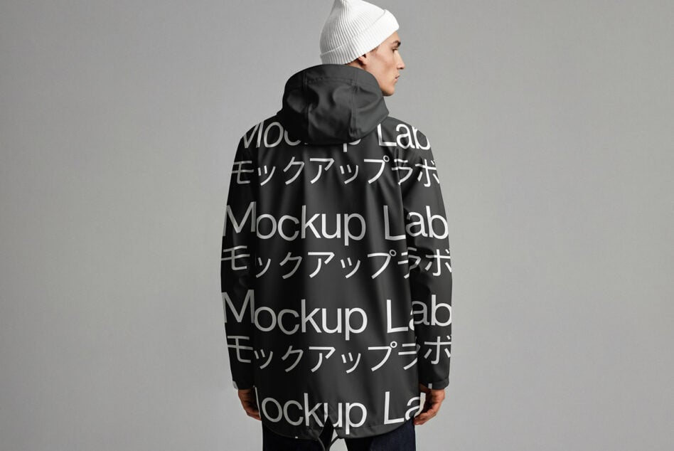 Hooded jacket back view mockup with large all-over text design