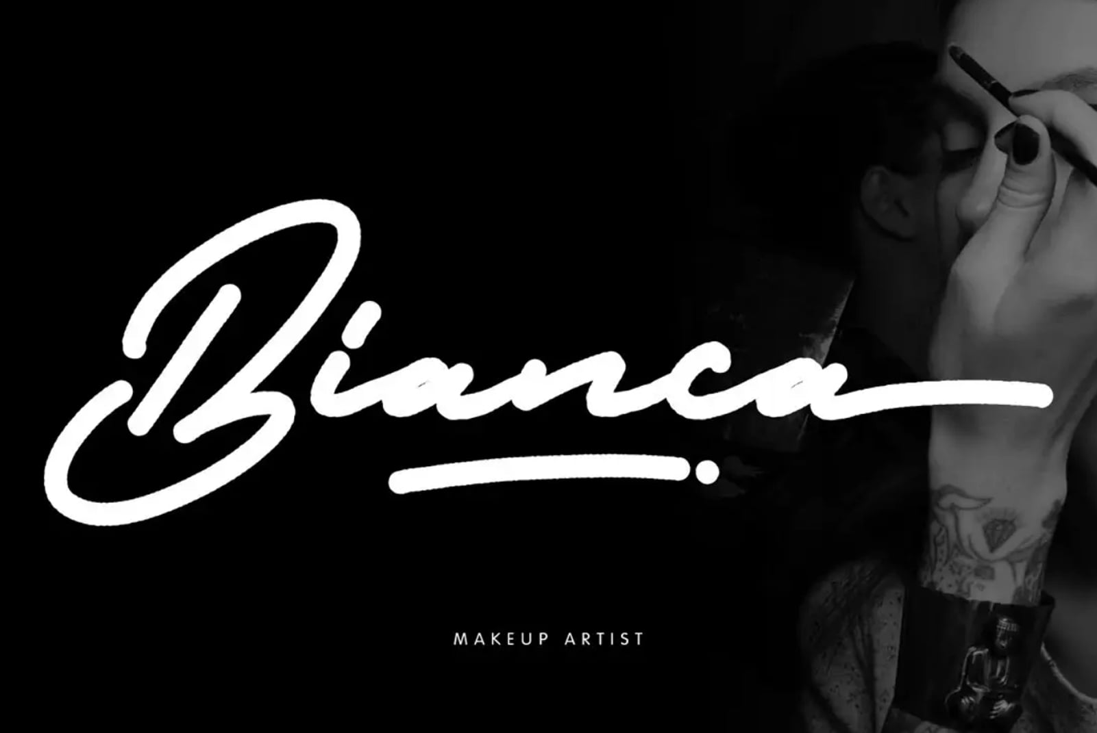 Bianca handwritten script with makeup artist text over tattooed hand