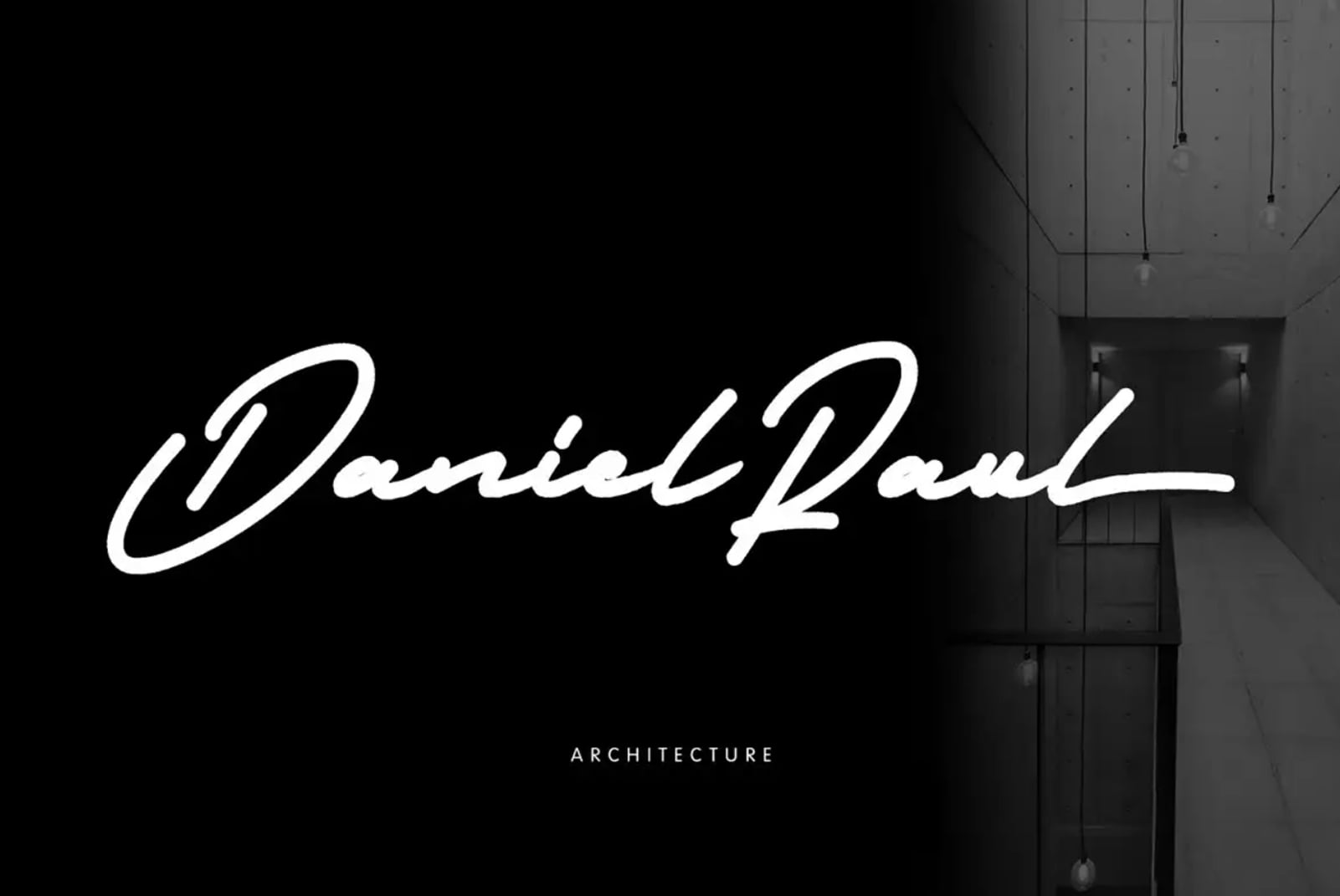 Daniel Paul signature font displayed over modern building interior design