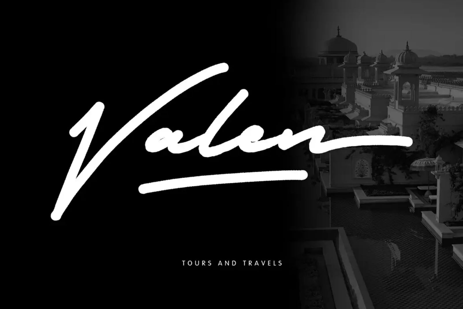 Valen script logo over Indian palace architecture with tours travels text