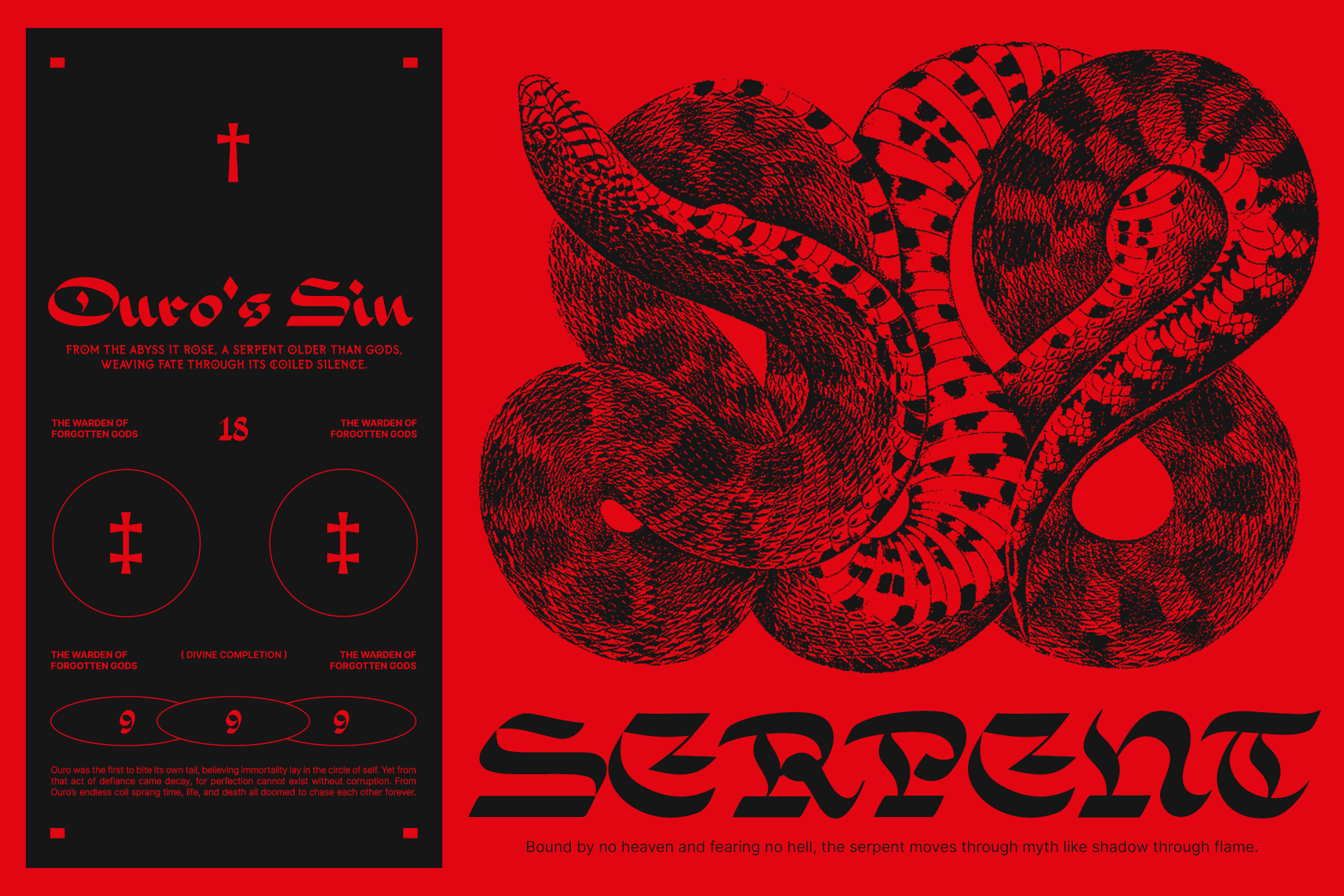 Red poster featuring coiled serpent illustration with gothic text layout