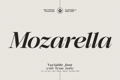Mozarella serif typeface title with variable font information on cream background