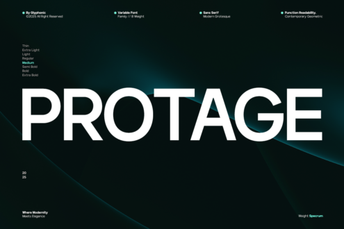 Protage sans serif font specimen showing multiple weights on dark teal background