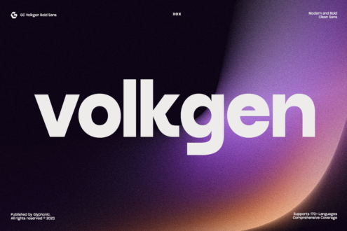 Volkgen font display with bold white letters on purple gradient background