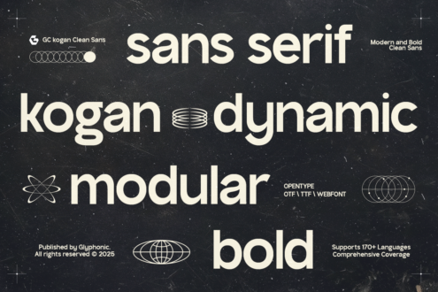 Dark textured background displaying sans serif, kogan dynamic, modular, bold typeface samples