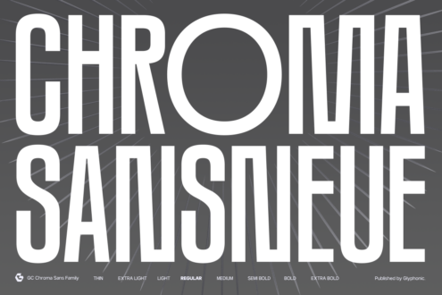 Chrome Sans typeface in bold white letters with perspective grid background showing all weights