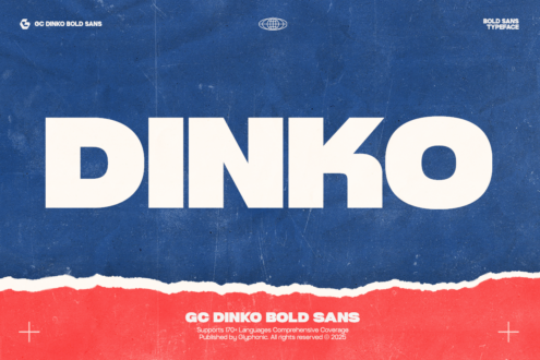 Bold sans serif typeface displaying DINKO in cream on blue textured background with red paper tear accent