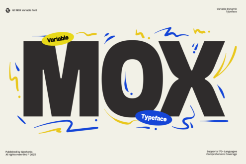 Large MOX variable typeface letters with blue yellow doodle marks, beige background