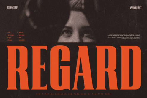 Regard serif typeface in large orange letters with weight scale left, variable font specs right