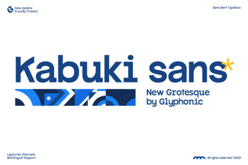 Kabuki Sans typeface with blue geometric pattern, new grotesque by Glyphonic