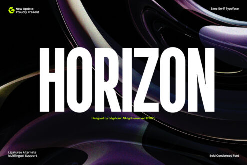 Horziön sans serif font display with iridescent purple metallic curves, bold condensed weight