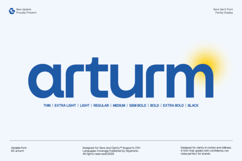 Arturm sans serif typeface specimen with yellow glow effect, full weight range listed below