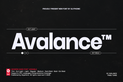 Dark texture showcasing Avalance font in white with light to bold weights, modern sans serif typeface