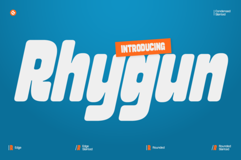 Rhyggan font introducing condensed slanted typeface, white text on teal, multiple weights