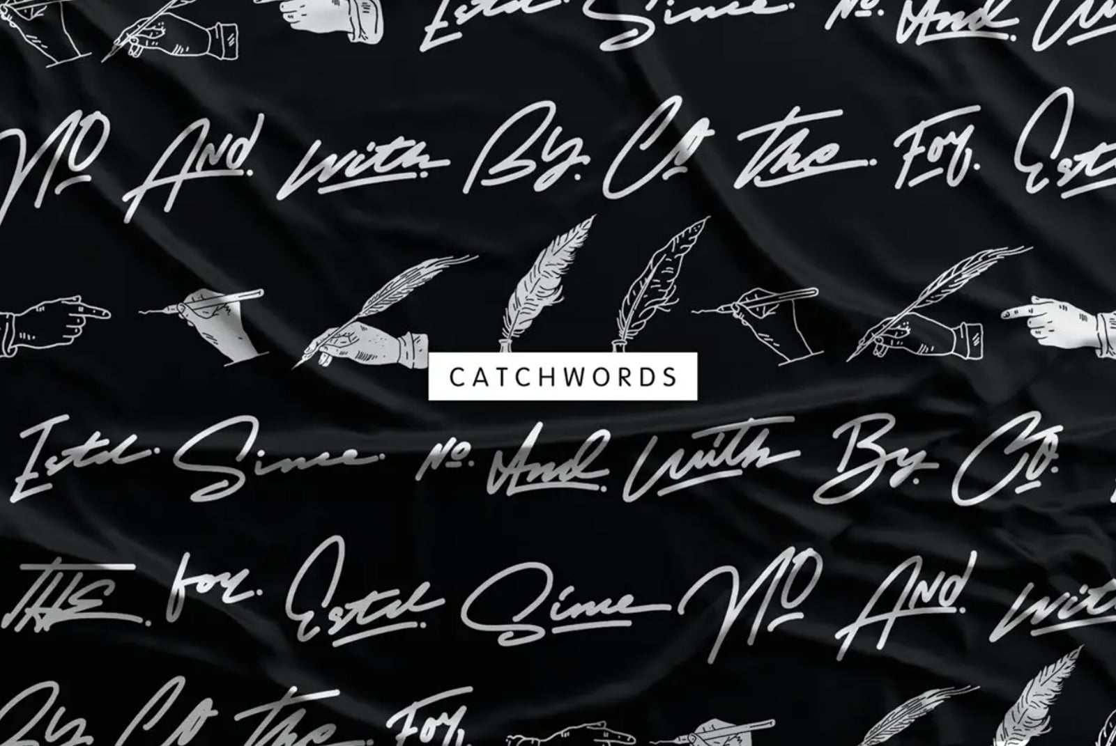 Hand-drawn feathers, ink bottles, pointing hands scattered across black silk