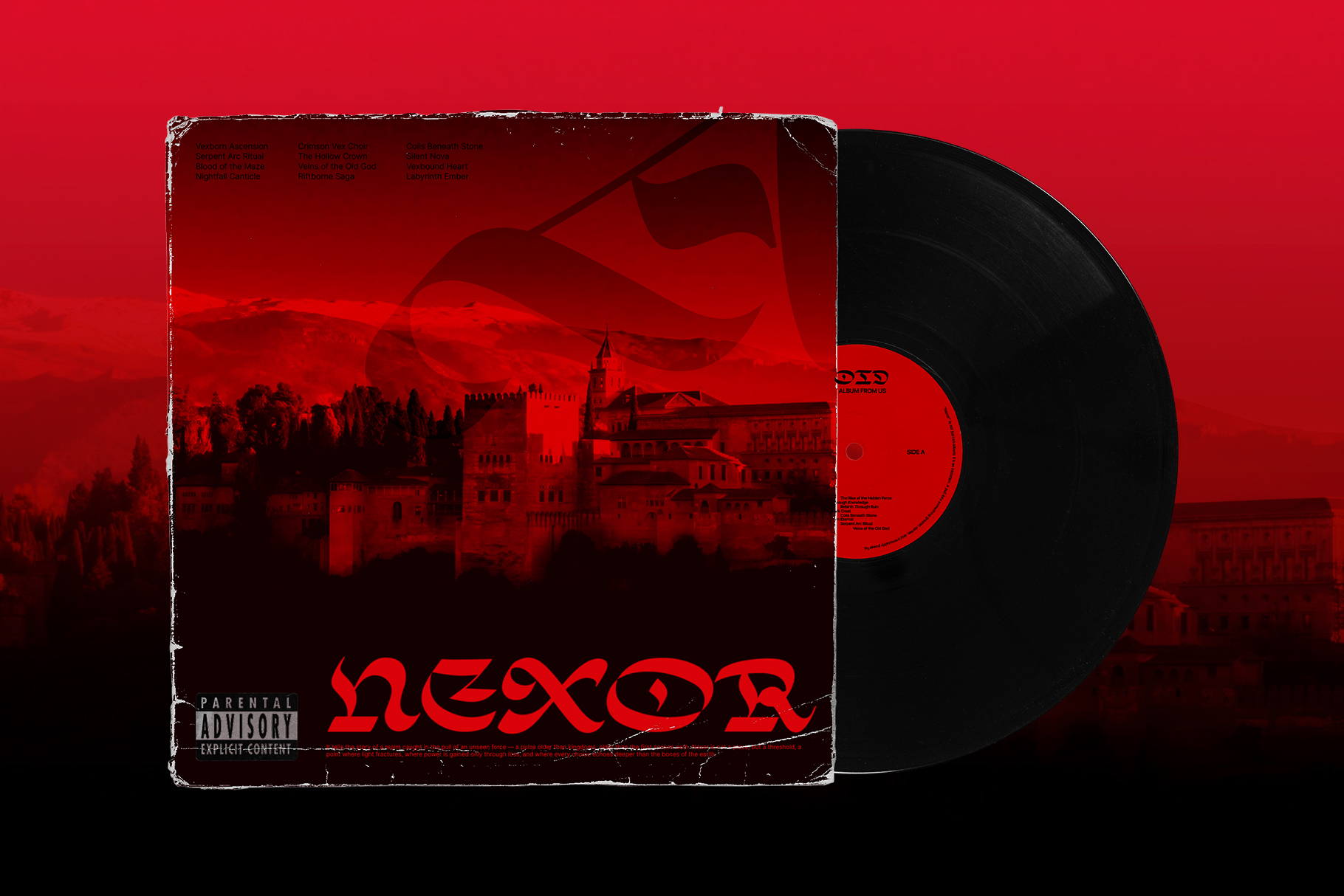 Distressed red vinyl record album cover with dark castle silhouette