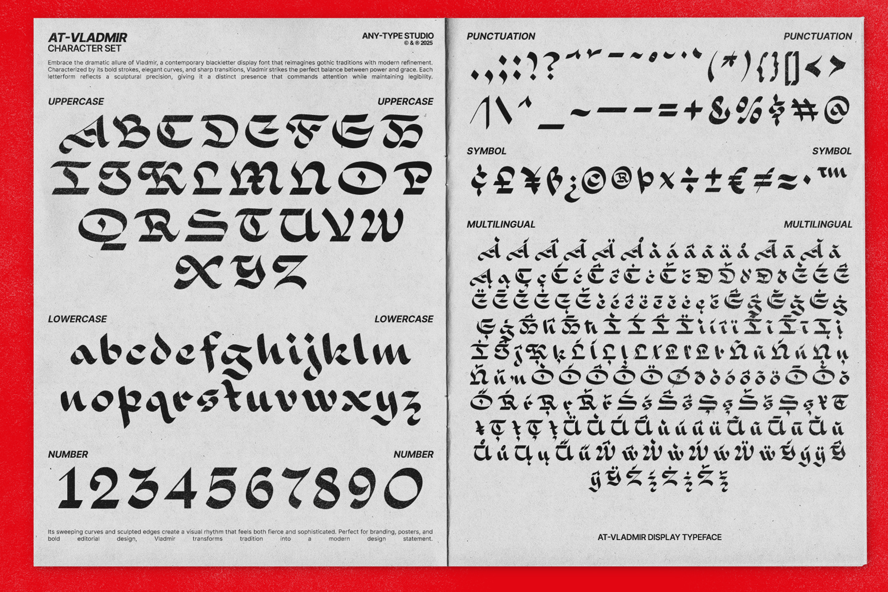 Vladimir font character set sheet with uppercase lowercase numbers symbols