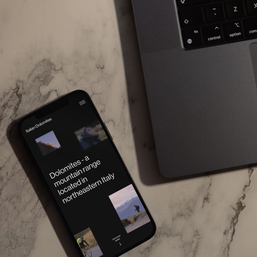 Italian Dolomites travel website on phone with landscape photo grid layout