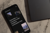 Italian Dolomites dark theme site on phone with scenic mountain photo gallery
