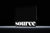 Black tablet device mockup with 'source' displayed in modern serif font