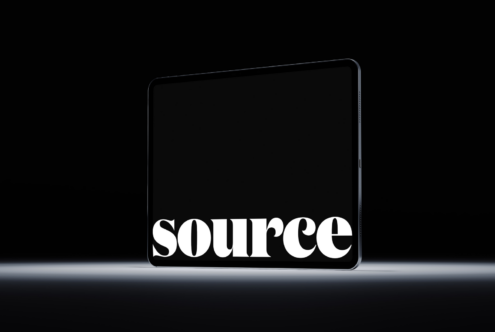 Black tablet device mockup with 'source' displayed in modern serif font