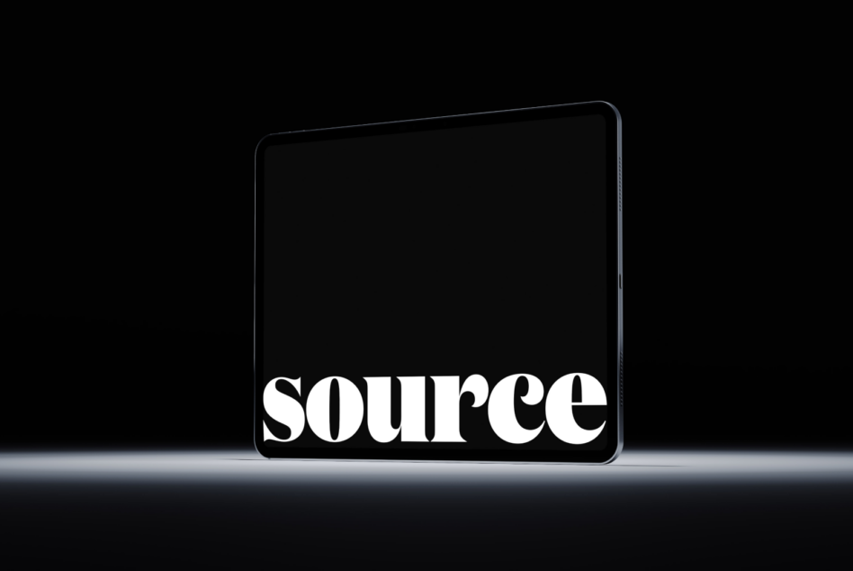 Black tablet device mockup with 'source' displayed in modern serif font