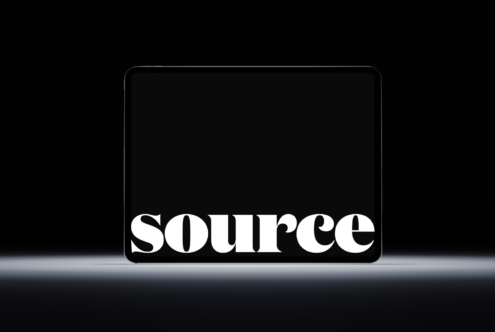 Mobile device mockup featuring 'source' in bold serif letters on display