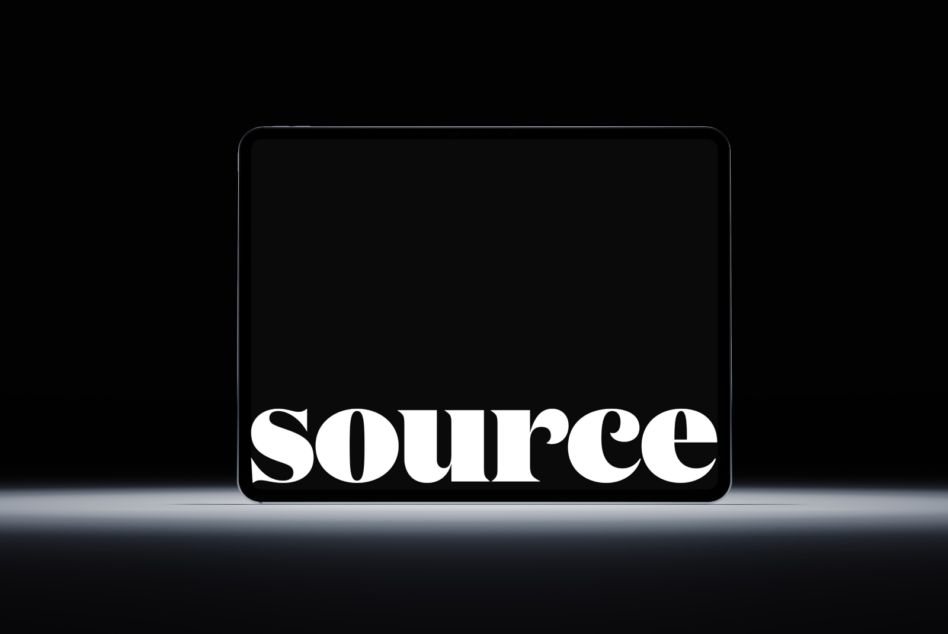 Mobile device mockup featuring 'source' in bold serif letters on display