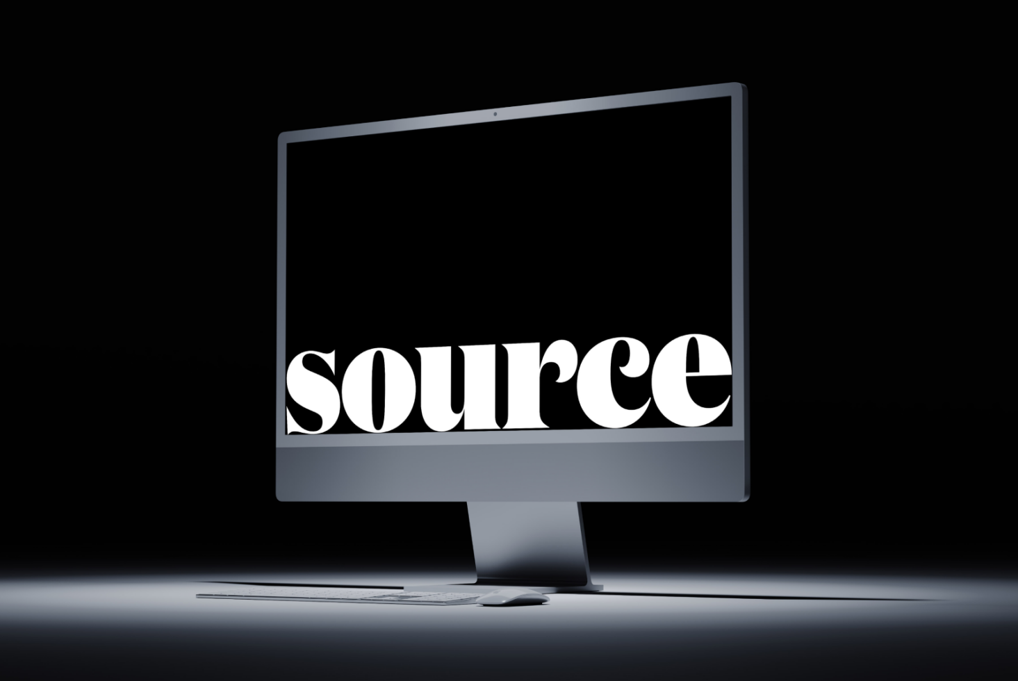 Desktop display mockup showing 'source' in white serif typography on black