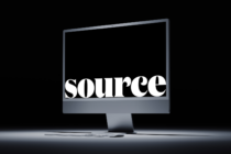 Desktop display mockup showing 'source' in white serif typography on black