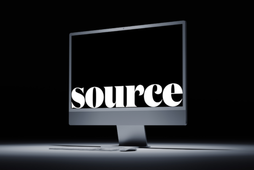 Desktop display mockup showing 'source' in white serif typography on black