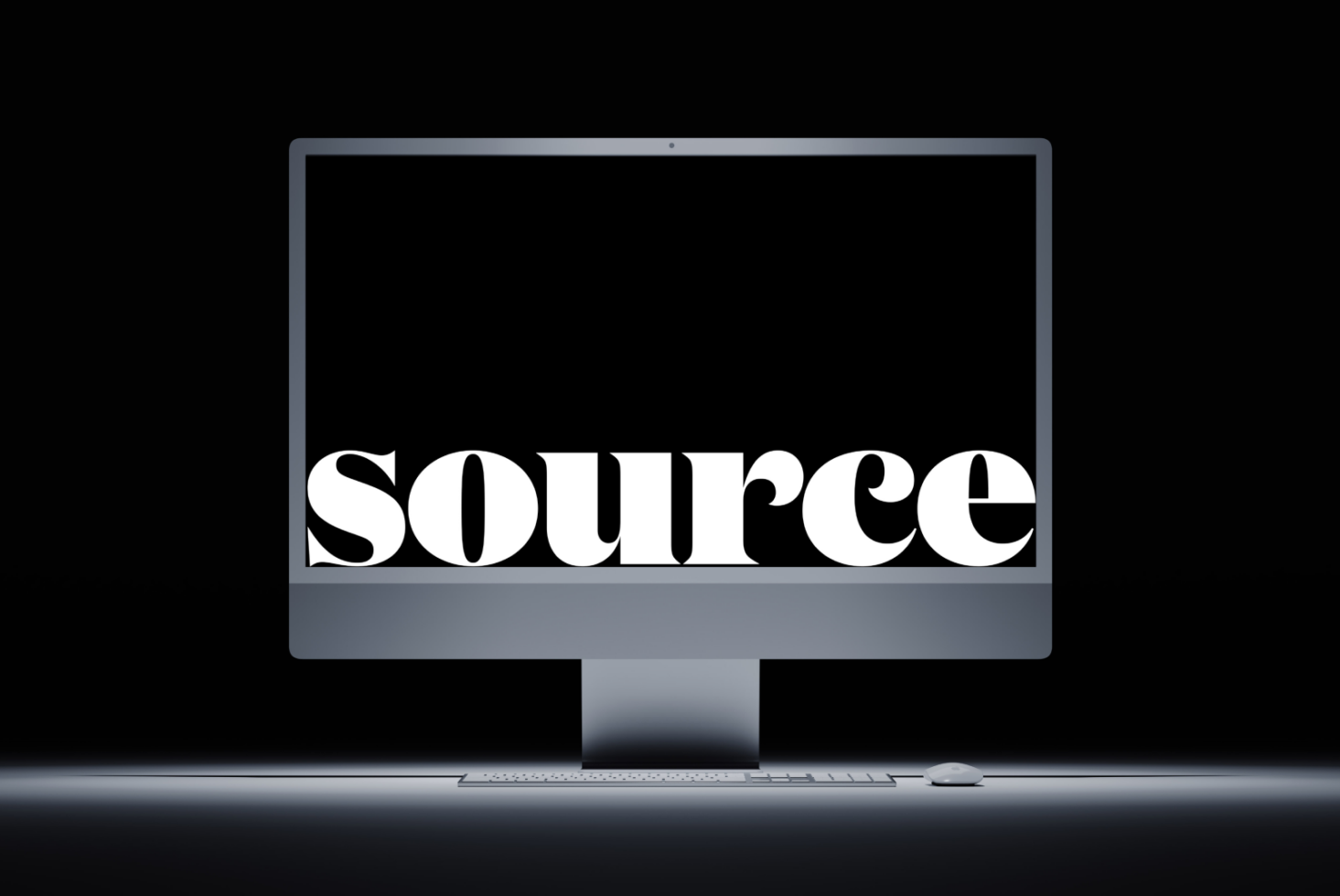Modern desktop monitor mockup displaying 'source' in bold serif lettering