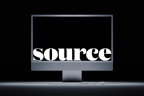 Modern desktop monitor mockup displaying 'source' in bold serif lettering