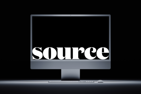 Modern desktop monitor mockup displaying 'source' in bold serif lettering